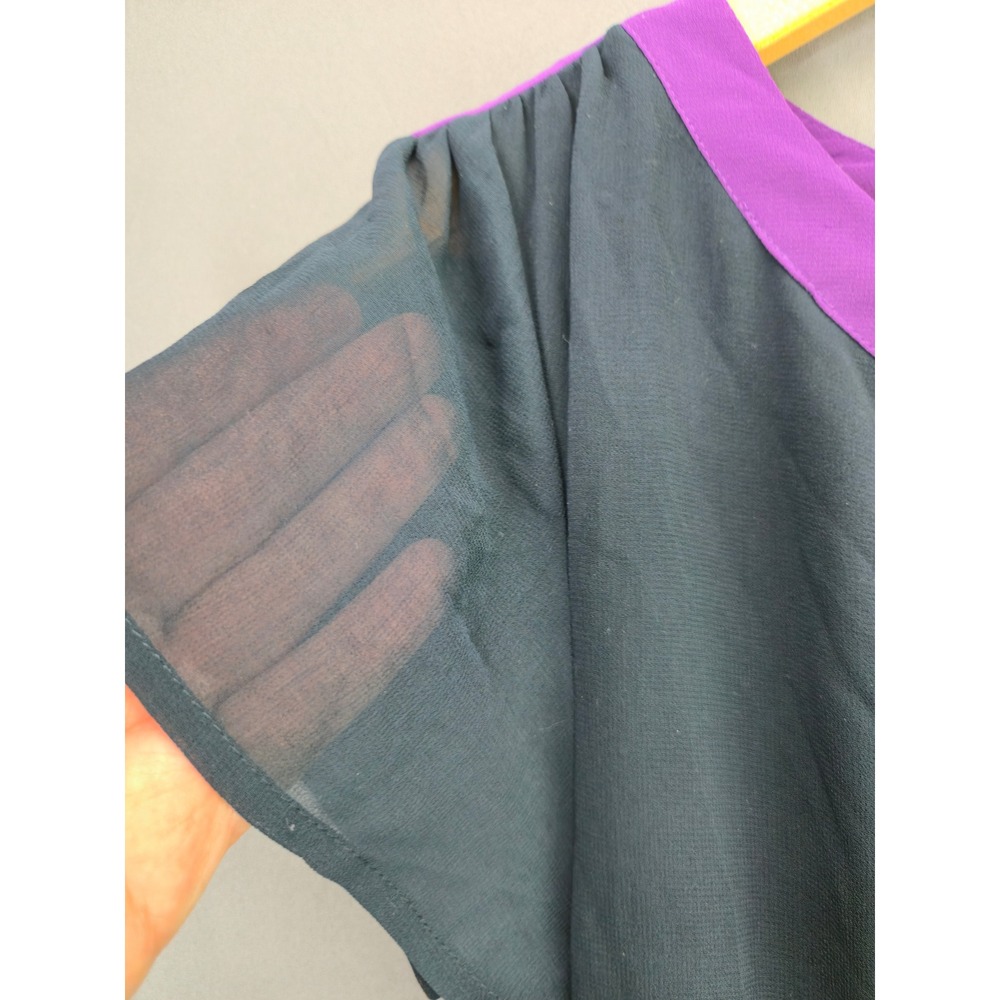 I Love H81 Pleated Mini Dress Medium Navy Purple Colorblock Chiffon Flutter Slv - Picture 7 of 9